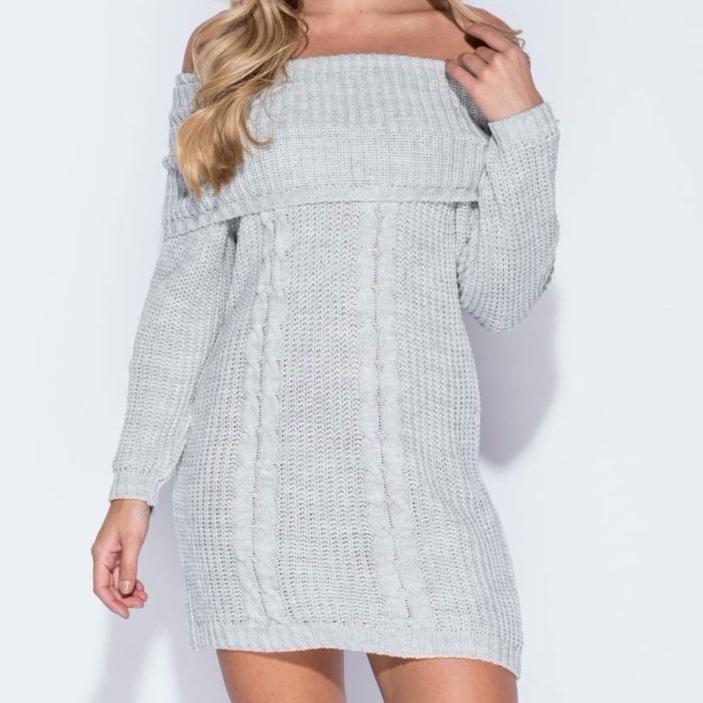 Grey Mohair Knit Off the Shoulder Dress Made in Italy